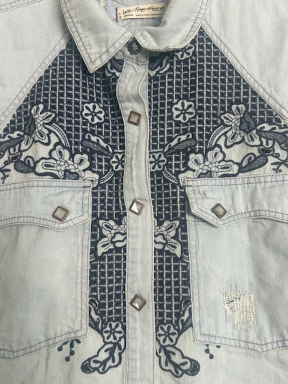 We the Free x Free People Western Wear Cutoff Denim Embroidered Fray Snap Top - Picture 4 of 16